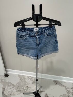 PAIGE Medium Blue Denim Frayed Hem Shorts